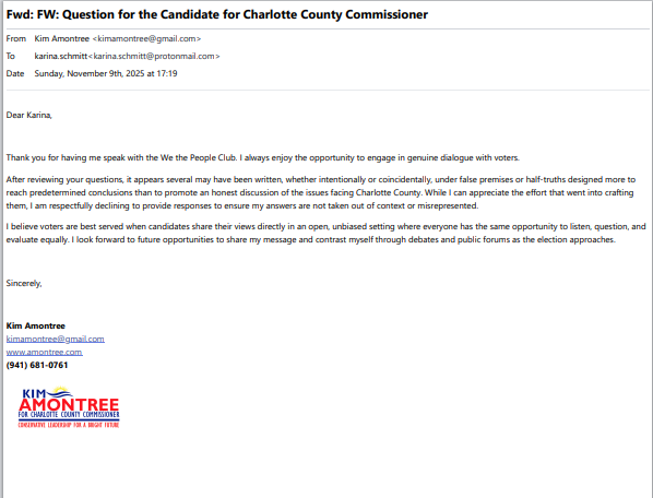 email from kim amontree declining to answer questions