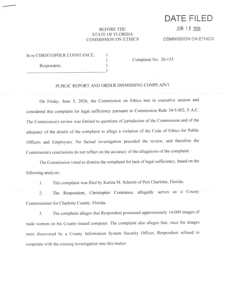 Deep State Florida Dismisses Ethics Complaint As “Hearsay” Protecting A Politician While Crapping on the Victims constance case dismissal (1)