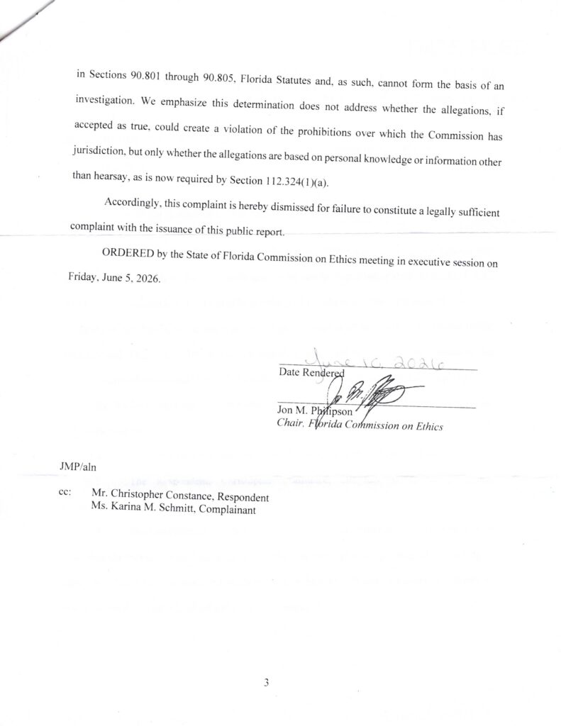 Deep State Florida Dismisses Ethics Complaint As “Hearsay” Protecting A Politician While Crapping on the Victims constance case dismissal (3)